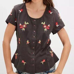 Free People Kelly Embroidered Short Sleeve Button Washed Black Blouse Top S